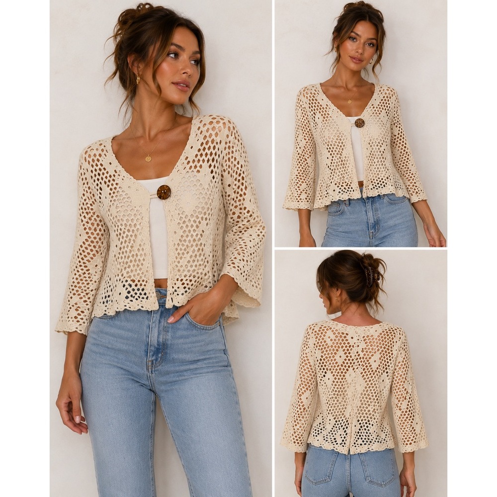 Vintage Mirror Image Cream Open Knit Cardigan Boho Pointelle Button Front Medium